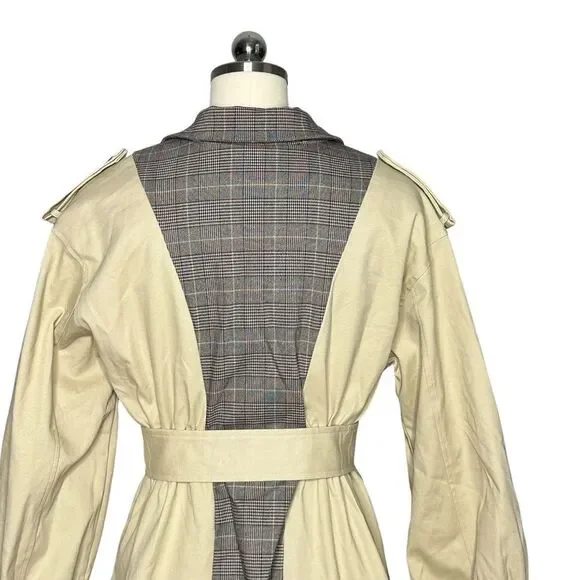 L’ATISTE Tan Plaid Belted Mini Trench Coat | Size L - Picture 6 of 10